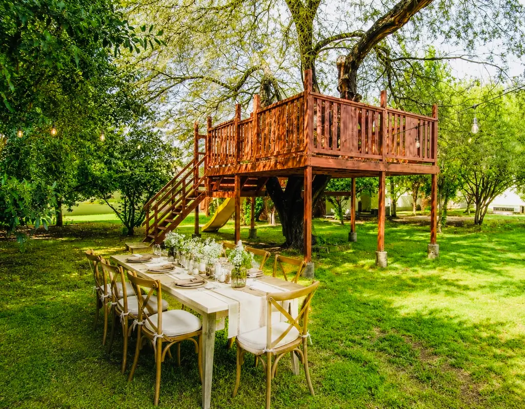 A shaded gathering place beneath the trees at Solstave
